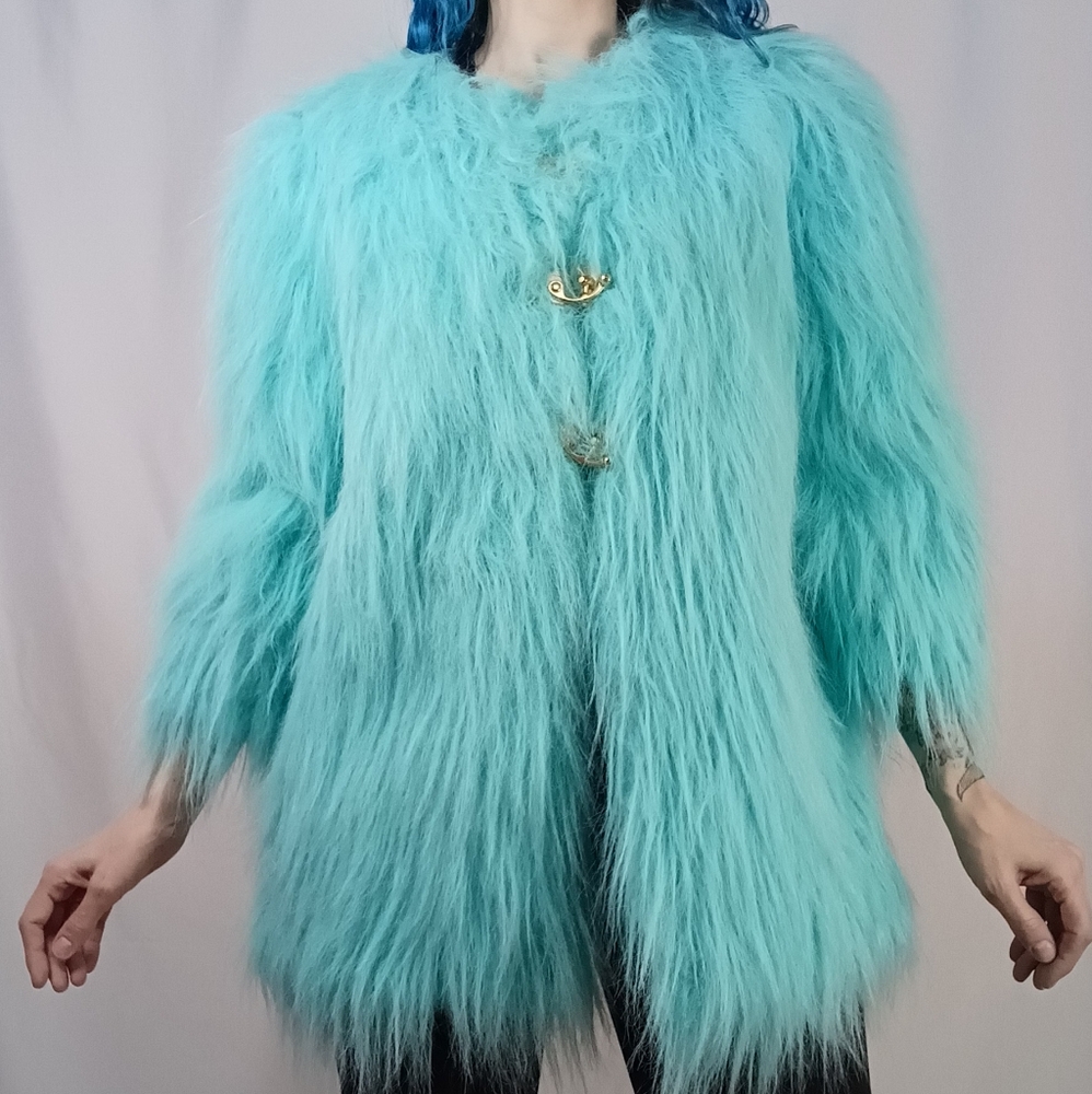 Baby Blue Extra Long Haired Faux Fur 3/4 Sleeve Coat with Grey Satin Lining.